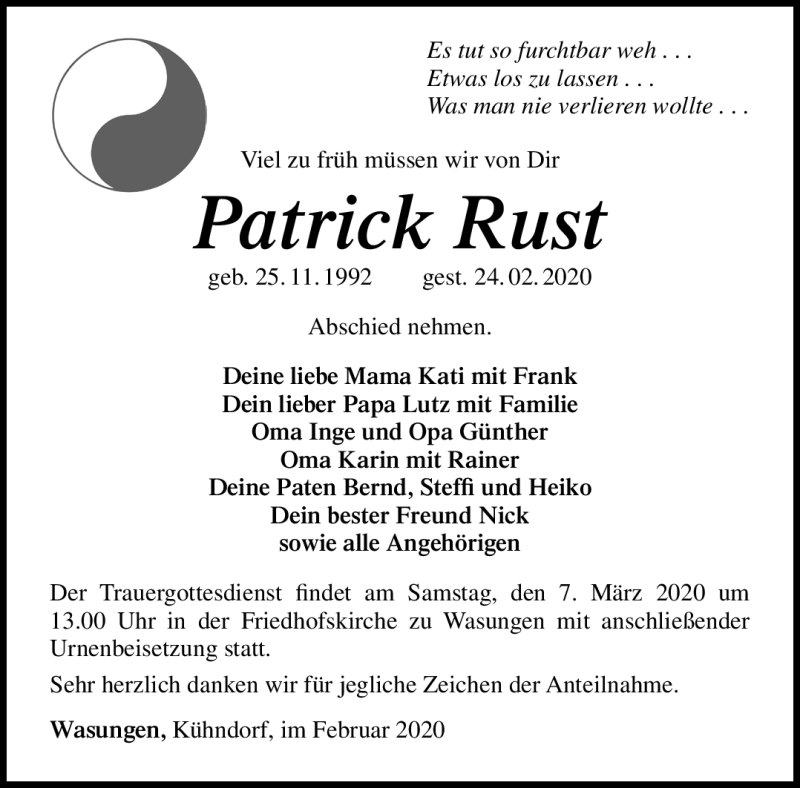  Traueranzeige für Patrick Rust vom 04.03.2020 aus Südthüringer Presse