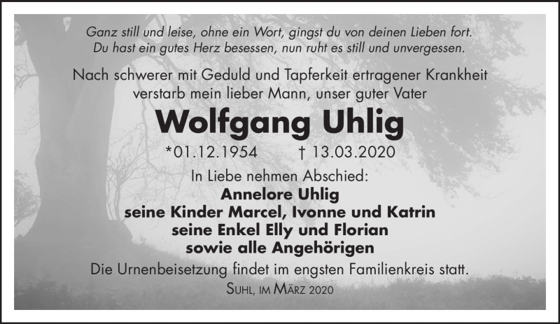  Traueranzeige für Wolfgang Uhlig vom 21.03.2020 aus Südthüringer Presse