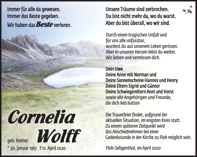  Traueranzeige für Cornelia Wolff vom 25.04.2020 aus Südthüringer Presse