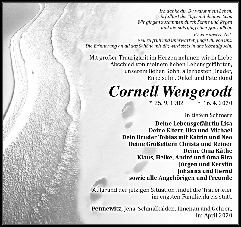  Traueranzeige für Cornell Wengerodt vom 23.04.2020 aus Südthüringer Presse