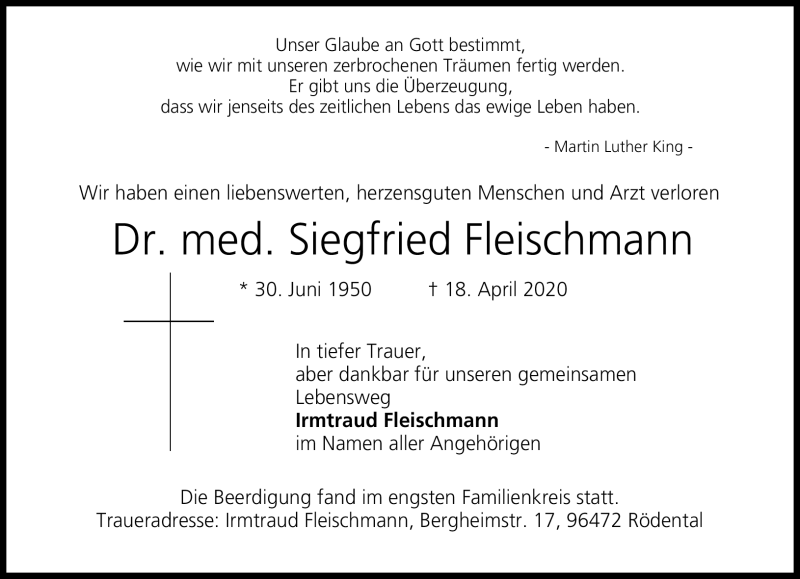  Traueranzeige für Siegfried Fleischmann vom 01.05.2020 aus Neue Presse Coburg