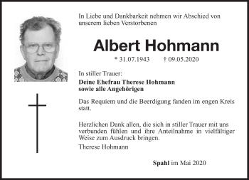 Traueranzeige von Albert Hohmann von Südthüringer Presse