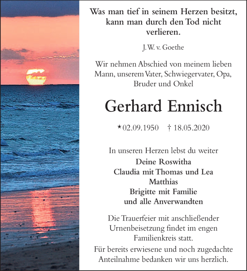  Traueranzeige für Gerhard Ennisch vom 29.05.2020 aus Frankenpost