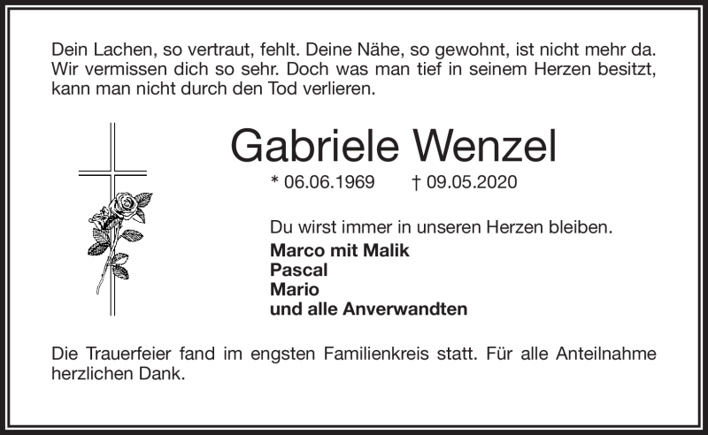  Traueranzeige für Gabriele Wenzel vom 19.05.2020 aus Frankenpost