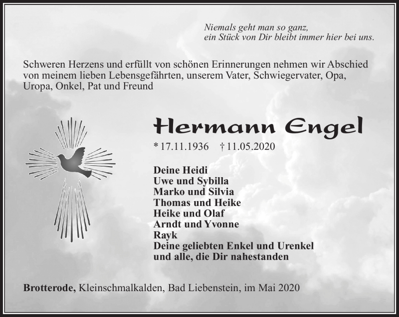  Traueranzeige für Hermann Engel vom 20.05.2020 aus Südthüringer Presse