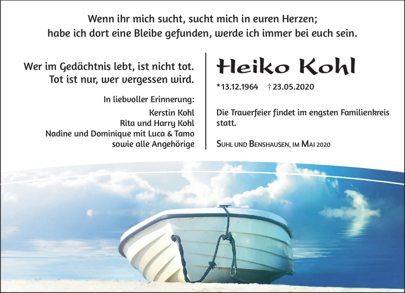  Traueranzeige für Heiko Kohl vom 30.05.2020 aus Südthüringer Presse