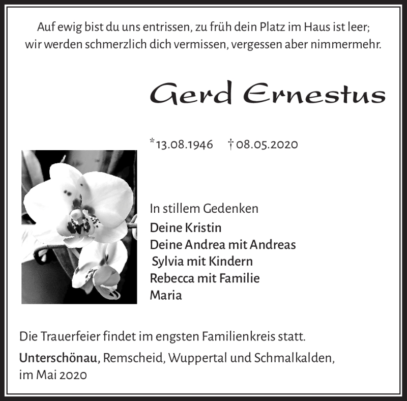  Traueranzeige für Gerd Ernestuts vom 15.05.2020 aus Südthüringer Presse