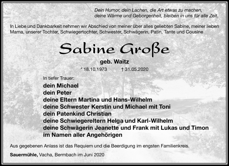  Traueranzeige für Sabine Große vom 04.06.2020 aus Südthüringer Presse