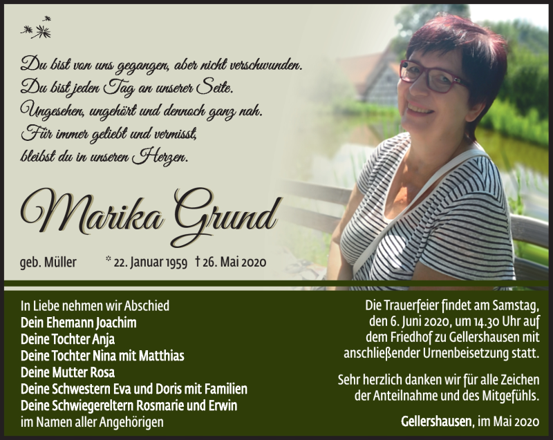  Traueranzeige für Marika Grund vom 30.05.2020 aus Südthüringer Presse