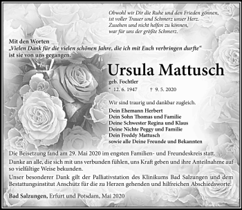 Traueranzeige von Ursula Mattusch von Südthüringer Presse