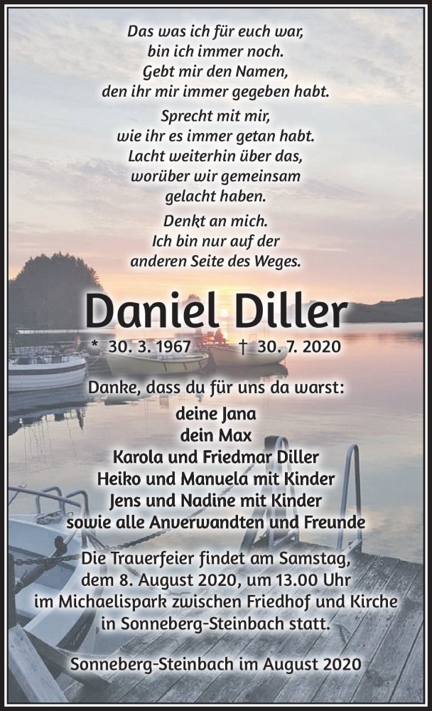  Traueranzeige für Daniel Diller vom 06.08.2020 aus Südthüringer Presse