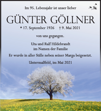 Traueranzeige von Günter Göllner von Südthüringer Presse