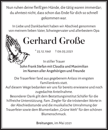 Traueranzeige von Gerhard Große von Südthüringer Presse