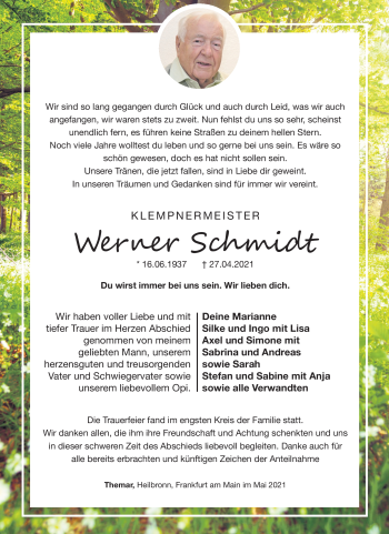 Traueranzeige von Werner Schmidt von Südthüringer Presse