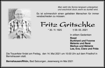 Traueranzeige von Fritz Grischke von Südthüringer Presse
