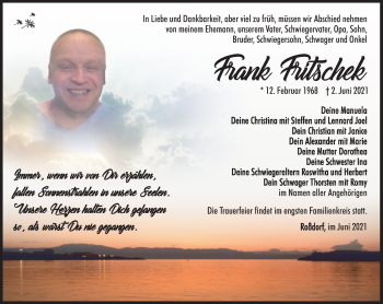 Traueranzeige von Frank Fritschek von Südthüringer Presse