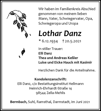 Traueranzeige von Lothar Danz von Südthüringer Presse