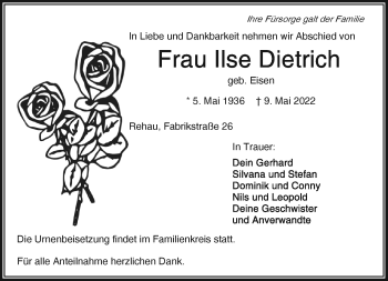 Traueranzeige von Ilse Dietrich von Frankenpost