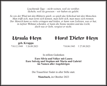 Traueranzeige von UrsulaHorst Dieter HeynHeyn von Südthüringer Presse