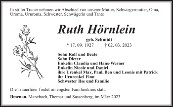 Traueranzeige von Ruth Hörnlein von Südthüringer Presse