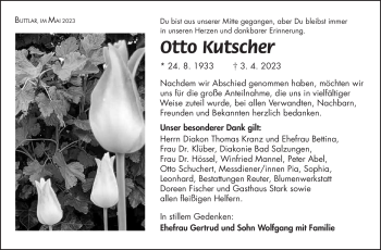 Traueranzeige von Otto Kutscher von Südthüringer Presse