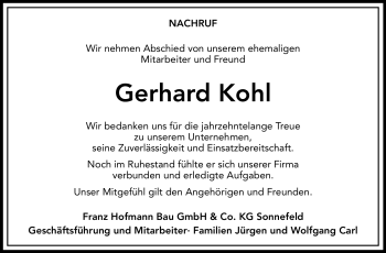 Traueranzeige von Gerhard Kohl von Neue Presse Coburg