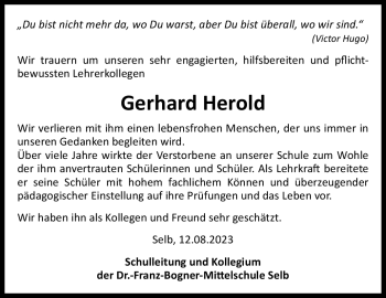 Traueranzeige von Gerhard Herold von Frankenpost