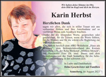 Traueranzeige von Karin Herbst von Südthüringer Presse