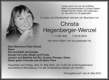 Traueranzeige von Christa Hegenberger-Wenzel von Frankenpost