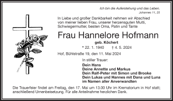 Traueranzeige von Hannelore Hofmann von Frankenpost
