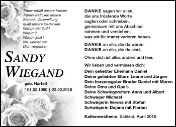 Traueranzeige von Sandy Wiegand von Südthüringer Presse