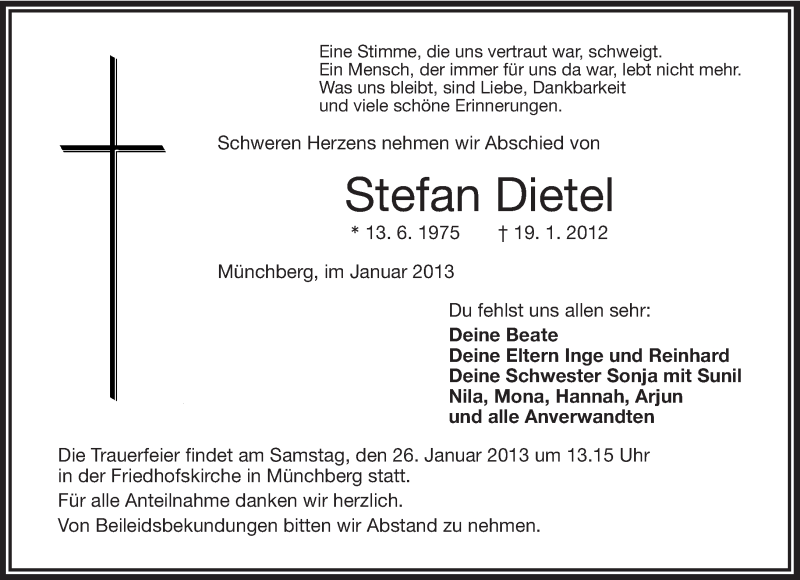 Traueranzeige für Stefan Dietel vom 24.01.2013 aus Frankenpost