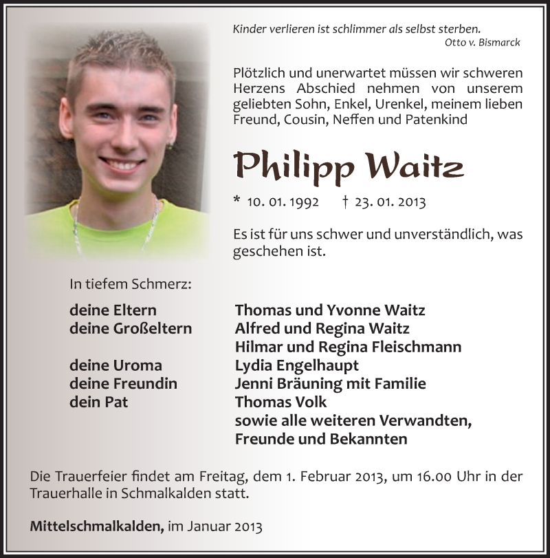  Traueranzeige für Philipp Waitz vom 29.01.2013 aus Südthüringer Presse