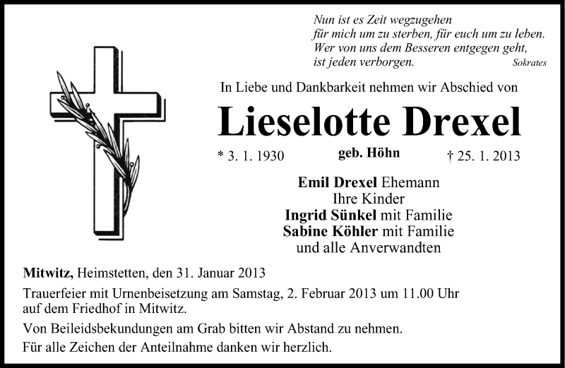  Traueranzeige für Lieselotte Drexel vom 31.01.2013 aus Neue Presse Coburg