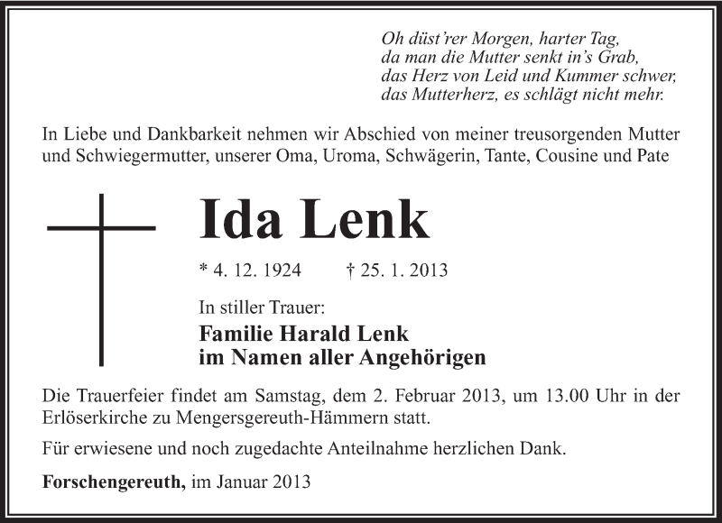  Traueranzeige für Ida Lenk vom 31.01.2013 aus Südthüringer Presse