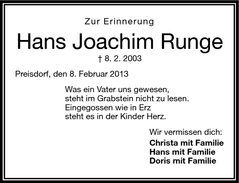  Traueranzeige für Hans Joachim Runge vom 08.02.2013 aus Frankenpost