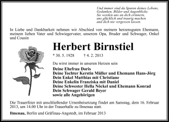 Traueranzeige von Herbert Birnstiel von Südthüringer Presse