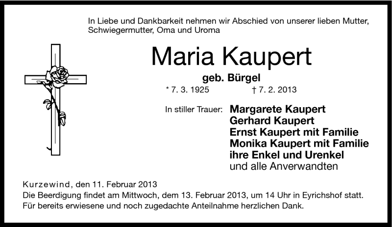  Traueranzeige für Maria Kaupert vom 11.02.2013 aus Neue Presse Coburg