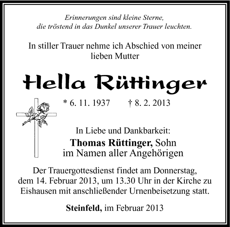 Traueranzeige für Hella Rüttinger vom 12.02.2013 aus Südthüringer Presse