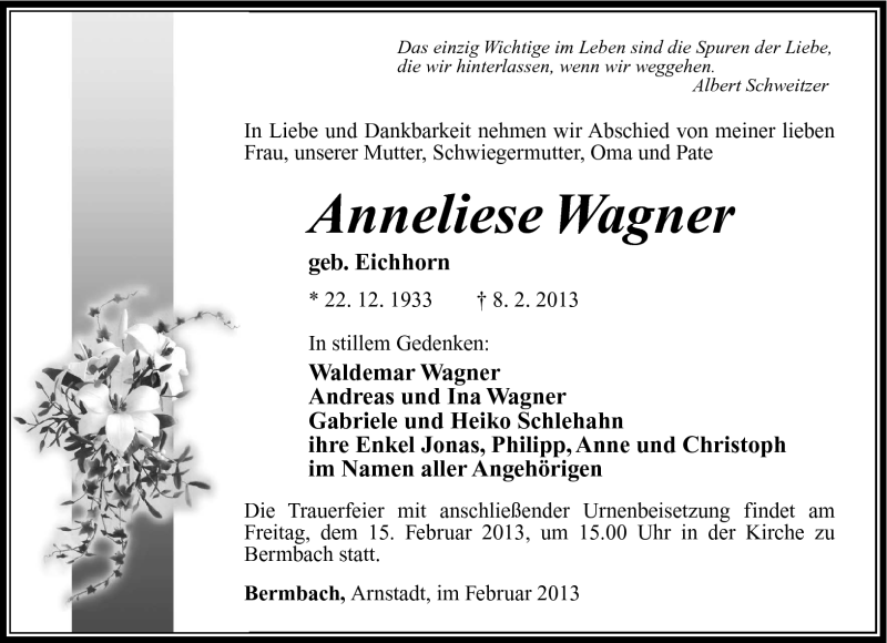 Traueranzeige für Anneliese Wagner vom 12.02.2013 aus Südthüringer Presse