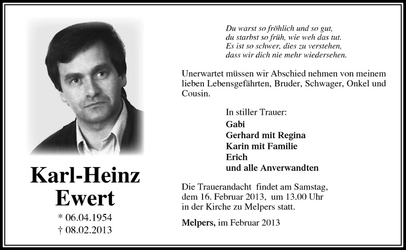  Traueranzeige für Karl-Heinz Ewert vom 12.02.2013 aus Südthüringer Presse