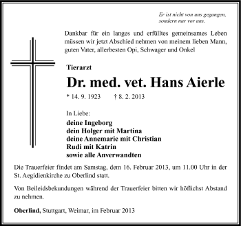 Traueranzeige von Hans Aierle von Südthüringer Presse