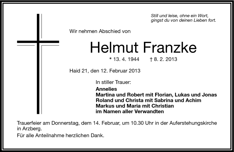  Traueranzeige für Helmut Franzke vom 12.02.2013 aus Frankenpost