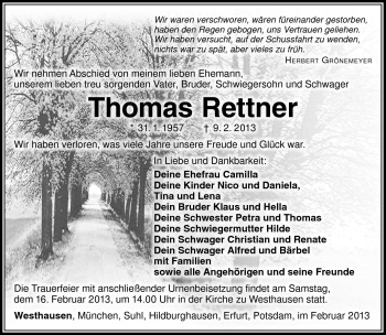 Traueranzeige von Thomas Rettner von Südthüringer Presse