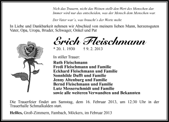Traueranzeige von Erich Fleischmann von Südthüringer Presse