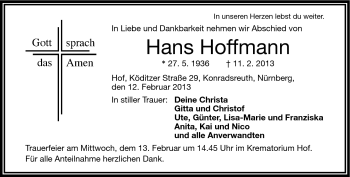 Traueranzeige von Hans Hoffmann von Frankenpost
