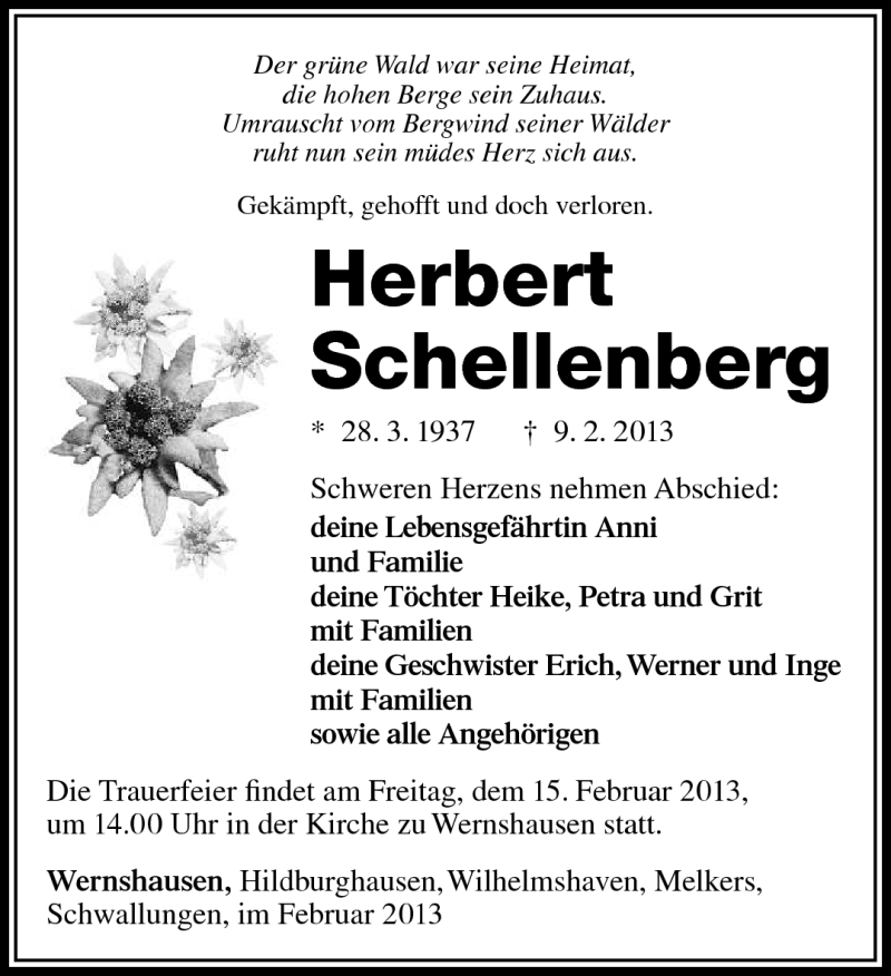  Traueranzeige für Herbert Schellenberg vom 13.02.2013 aus Südthüringer Presse