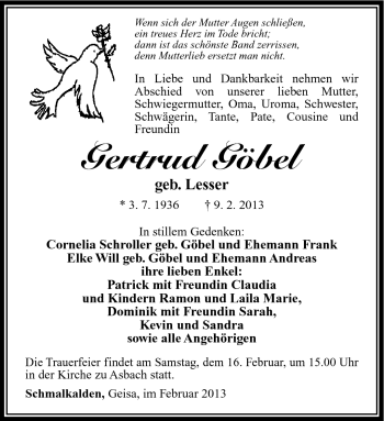 Traueranzeige von Gertrud Göbel von Südthüringer Presse
