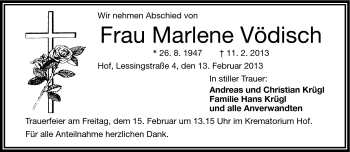 Traueranzeige von Marlene Vödisch von Frankenpost