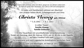 Traueranzeige von Christa Vieweg von Südthüringer Presse